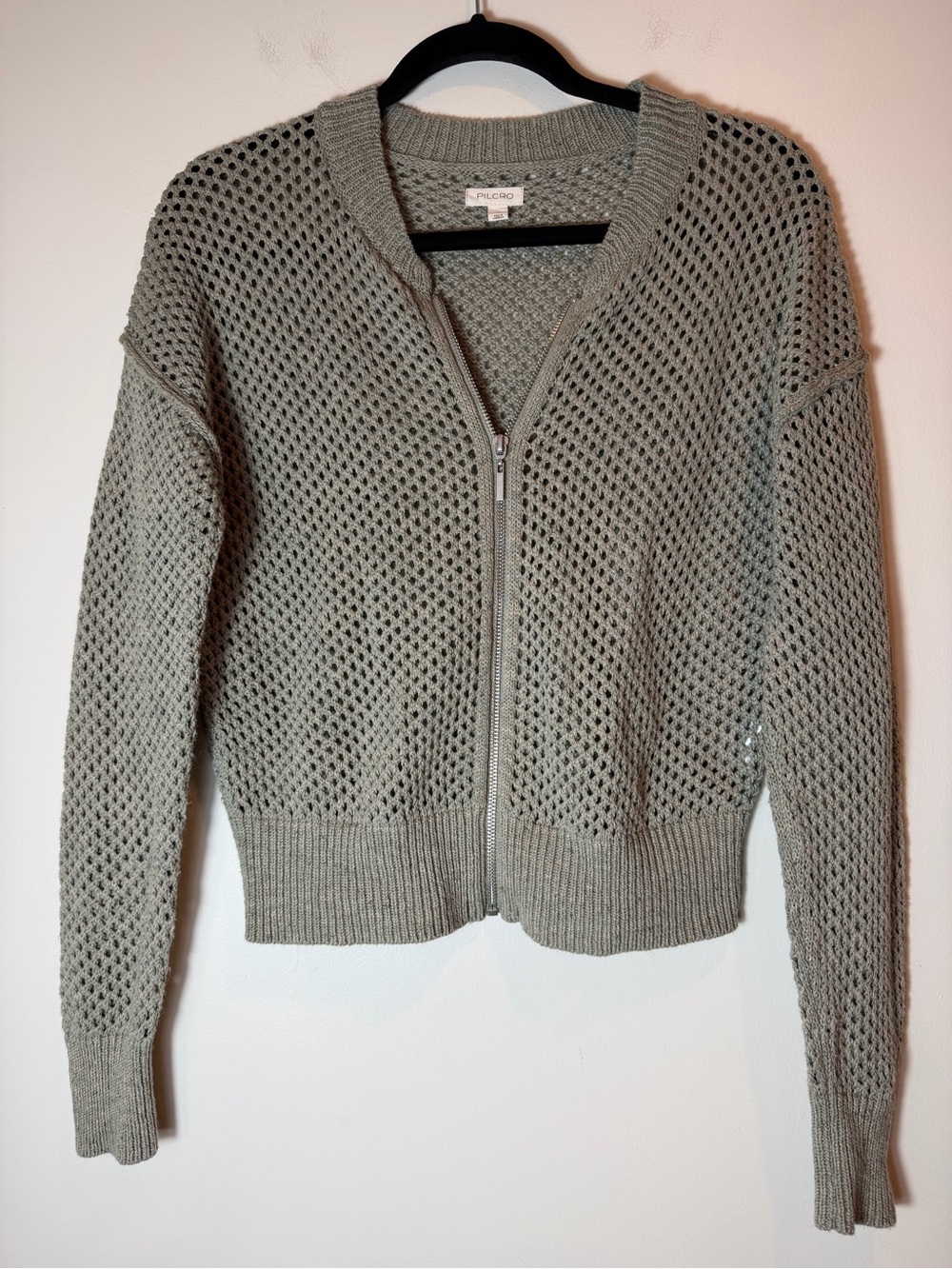 Pilcro Anthropologie Sage Green Open Knit Zip Cardigan Sweater Size S